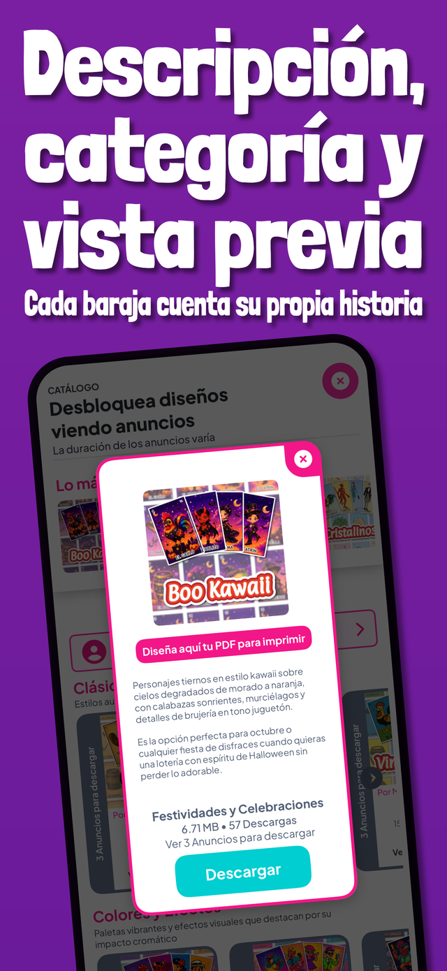 Descripción, categoría y vista previa de cada baraja