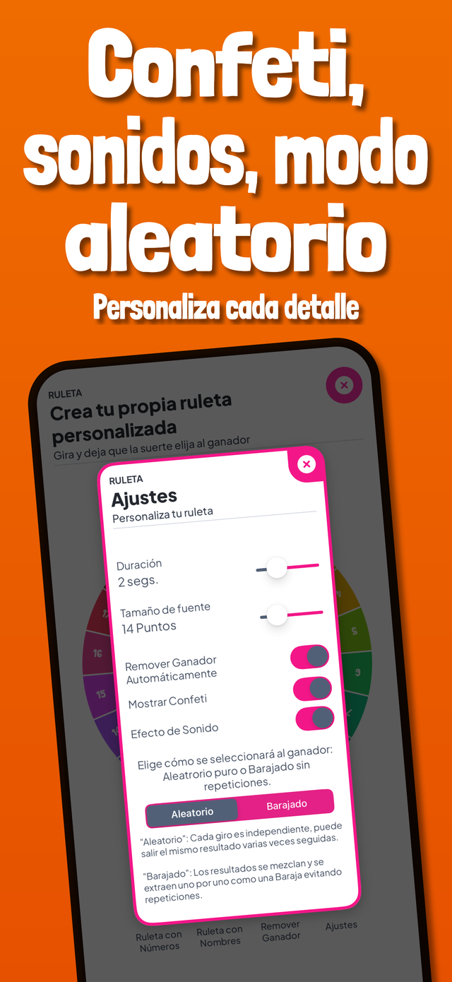 Ajustes de ruleta: confeti, sonidos y modo aleatorio